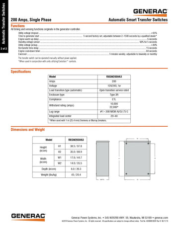 Generac 200 Amps Single Phase Automatic Smart Transfer Switch product sheet showing functions, specifications, and dimensions and weight diagrams.