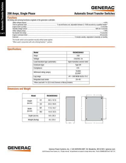 Generac 200 Amps Single Phase Automatic Smart Transfer Switch product sheet showing functions, specifications, and dimensions and weight diagrams.