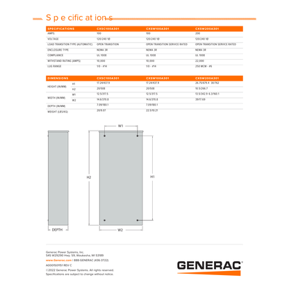 CXSW200A301 generac 200a transfer switch​