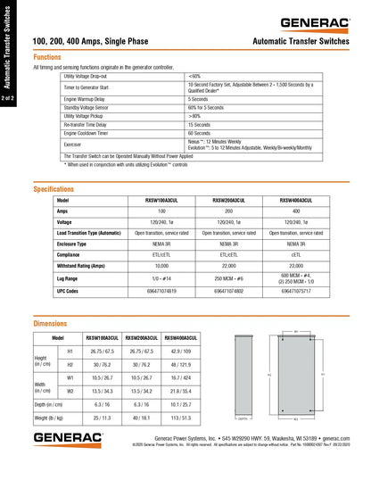 Technical datasheet for Generac automatic transfer switches, model 100, 200, 400A, single phase, showing functions, specifications, and dimensions tables with a small line drawing of the switch.