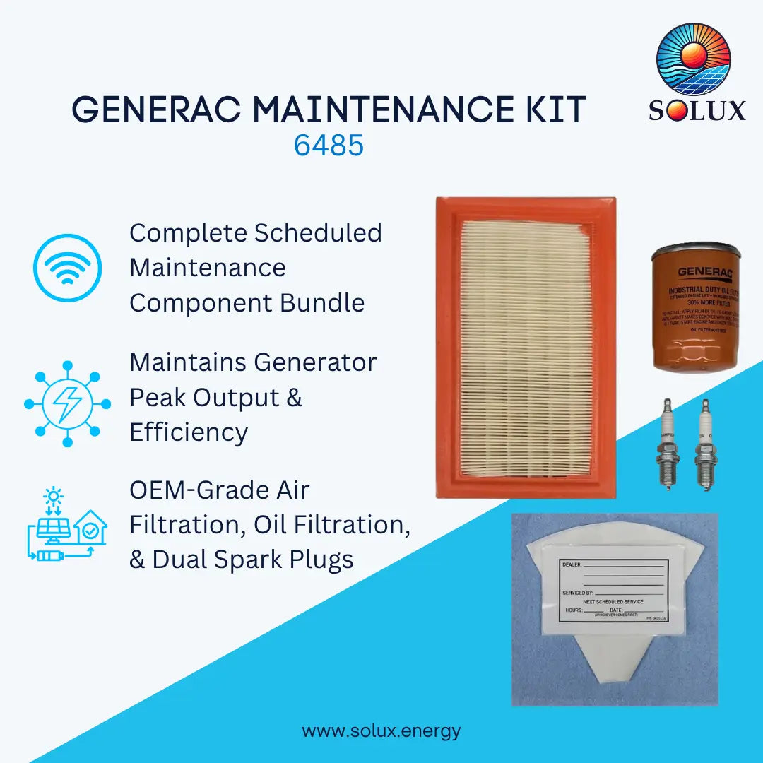 Solux Generac Maintenance Kit 6485 containing a complete generator maintenance component bundle with an air filter, oil filter, spark plugs, and a battery terminal cover, displayed on a blue and white graphic background.