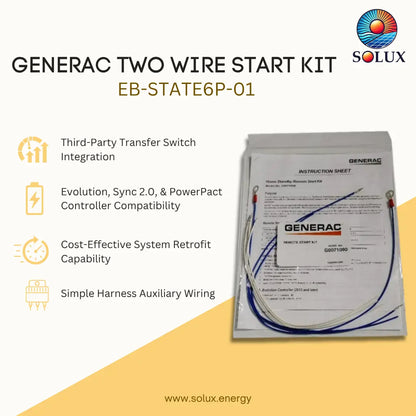 Generac two wire start kit EB-STATE6P-01 shown with its instruction sheet and attached wire harness on a branded promotional graphic. Text highlights features such as third-party transfer switch integration, Evolution, Sync 2.