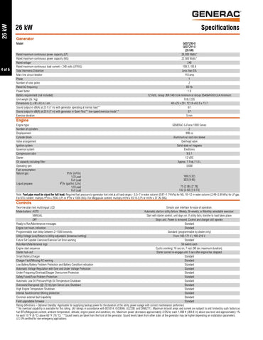 A printed specifications sheet for a Generac generator, showing technical details, ratings, and compliance information in a table format on a white page.