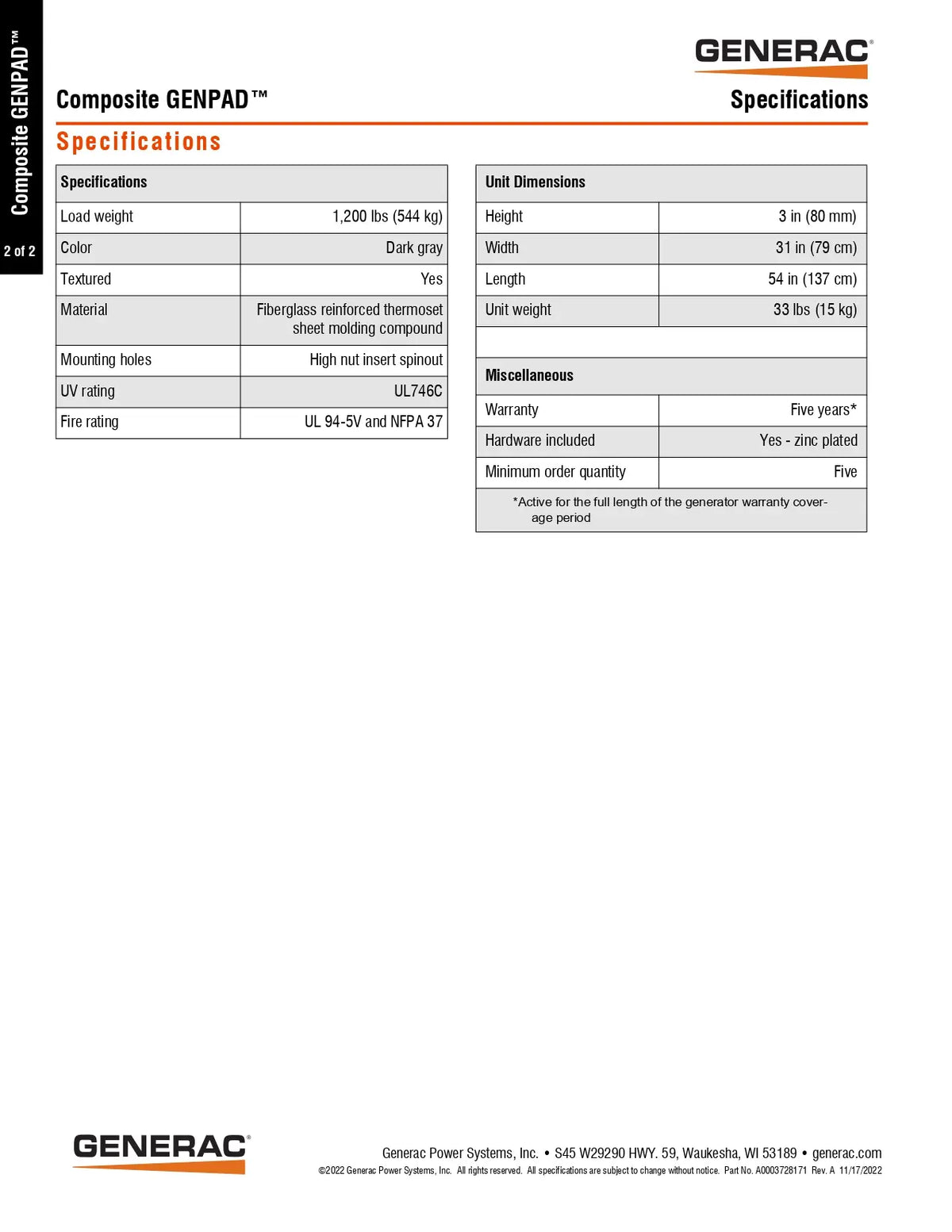 A specifications sheet for the Generac Composite GENPAD product, showing material, color, and unit dimensions in a table format on a white page.