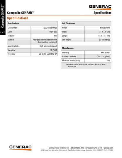A specifications sheet for the Generac Composite GENPAD product, showing material, color, and unit dimensions in a table format on a white page.