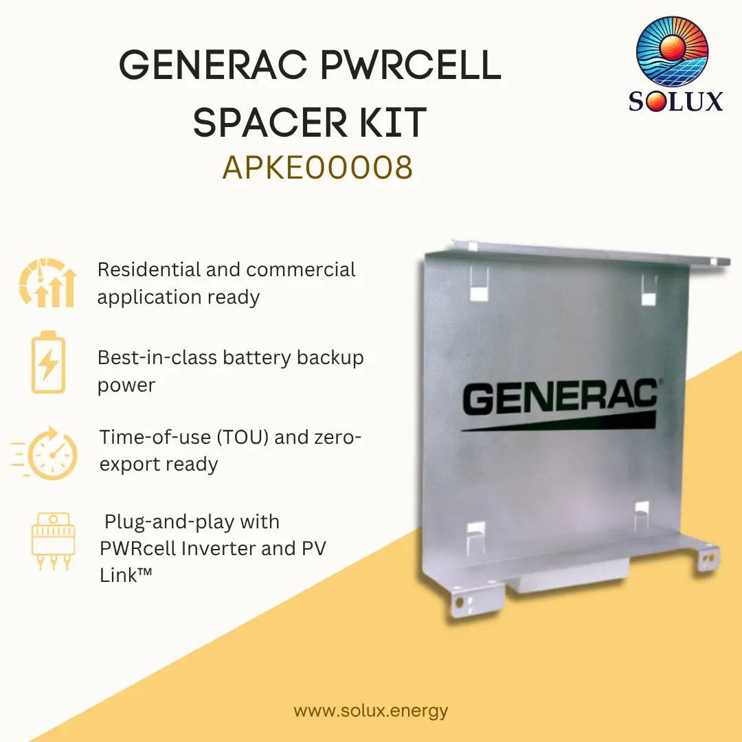 Generac PWRcell Spacer Kit APKE00008 shown on a branded beige and yellow background with feature callouts and the Solux logo.
