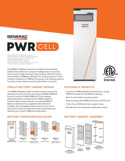 A branded Generac PWRCell brochure page with orange and white layout, showing product text, feature callouts, and small technical diagrams of battery cabinet configurations and assembly steps.