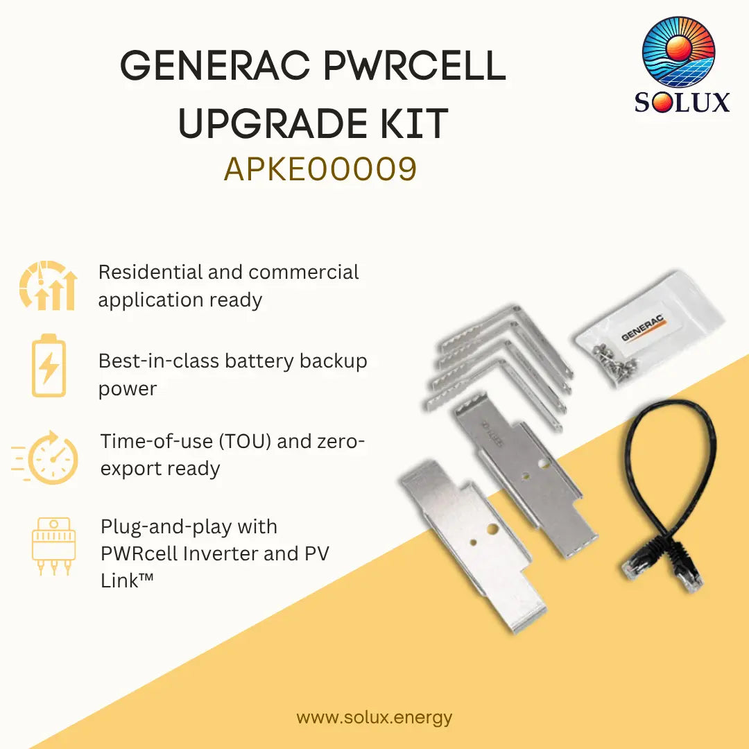 Generac PWRcell Upgrade Kit APKE00009 by Solux, featuring metal terminal blocks, mounting screws, a small plastic case, and a black cable on a beige and yellow graphic background with feature callouts.