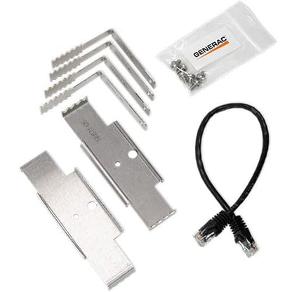 A silver metal networking patch panel kit with mounting brackets, screws, and a black Ethernet cable, shown on a white background with a small Generac-branded bag of screws.