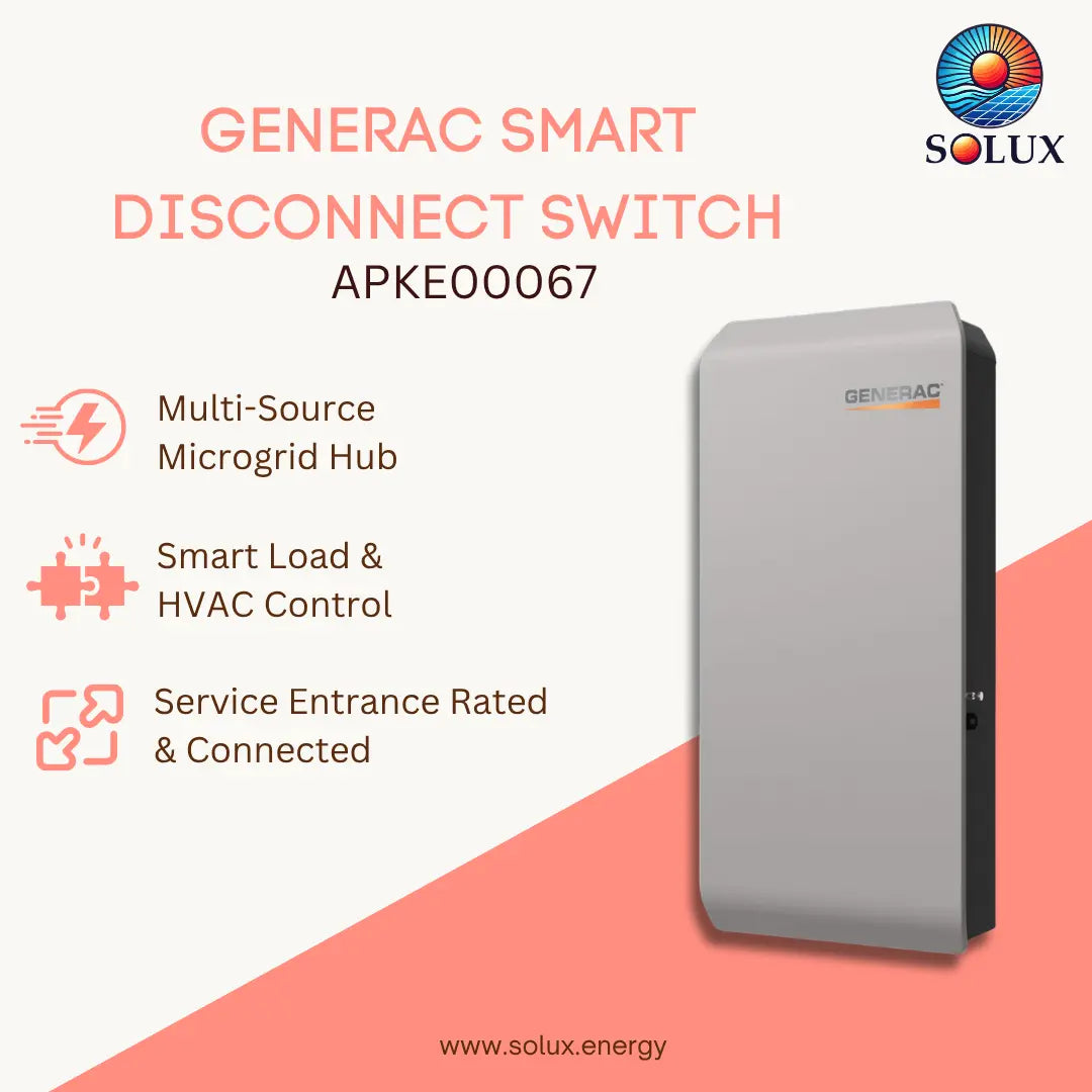 Generac Smart Disconnect Switch APKE00067 by Solux, shown as a gray rectangular wall-mounted unit with a black side panel. The image includes product features text on a white and coral background with the Solux logo.