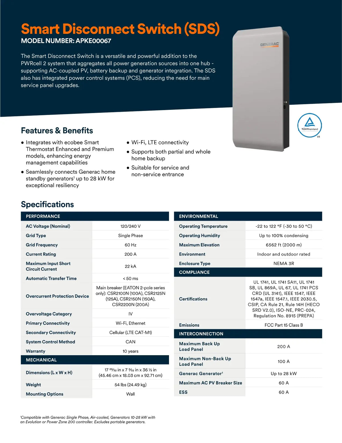 A technical datasheet for the Smart Disconnect Switch (SDS) Model Number AP6K0067, featuring a product photo of the white and gray switch on the right, alongside specifications, features, and environmental data on the left.