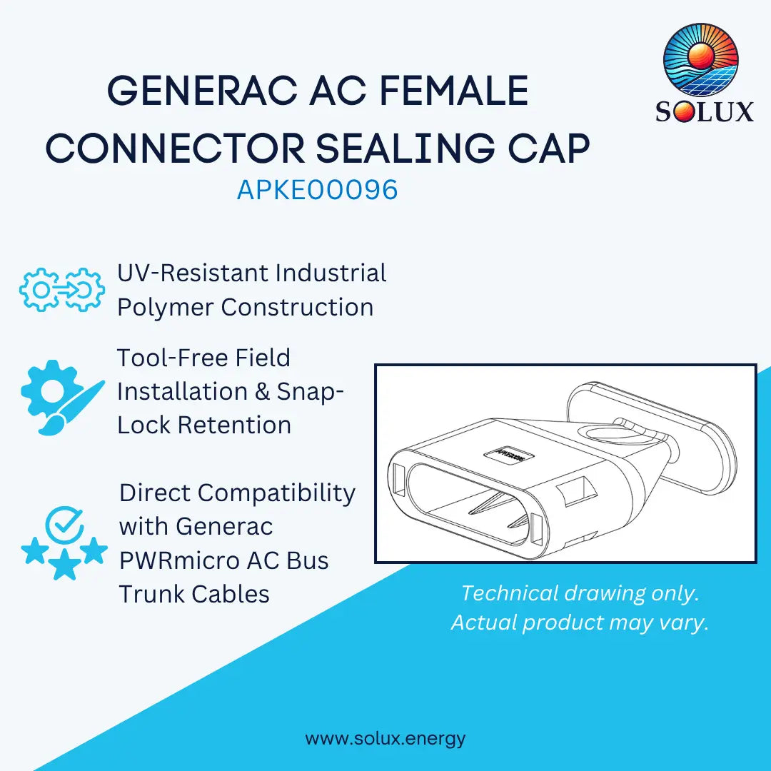 Promotional graphic for a Solux Generac AC female connector sealing cap, showing the product name, part number APKE00096, feature callouts, and a line drawing of the sealing cap on a light blue and cyan background.