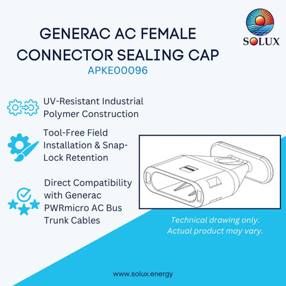 Promotional graphic for a Solux Generac AC female connector sealing cap, showing the product name, part number APKE00096, feature callouts, and a line drawing of the sealing cap on a light blue and cyan background.