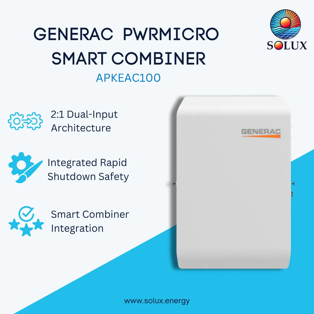 A promotional product graphic for the Generac PWRMicro Smart Combiner APKEAC100 by Solux Energy. The image features a white rectangular smart combiner unit with a small orange and gray Generac logo on the front, set against a split white and bright blue background with feature callouts.
