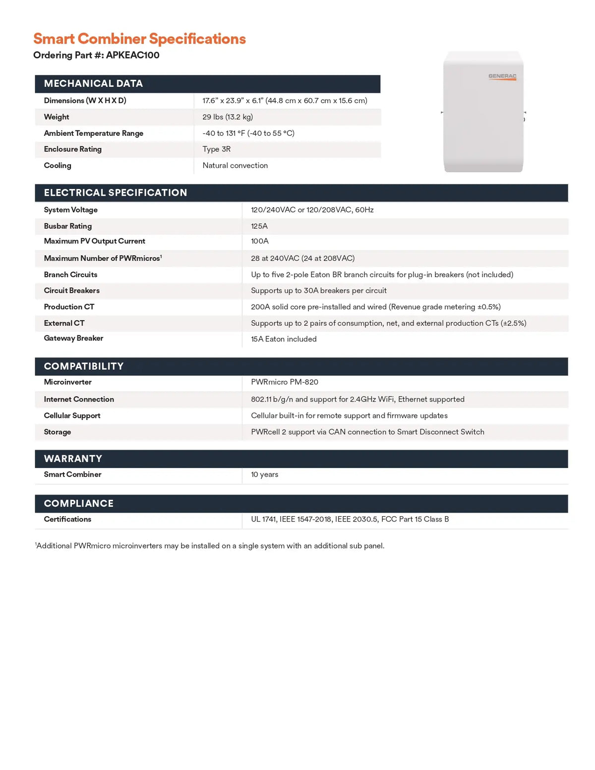 A technical specification sheet for the Smart Combiner APex20/50, showing a white and gray device on the right, with detailed specifications tables on the left.