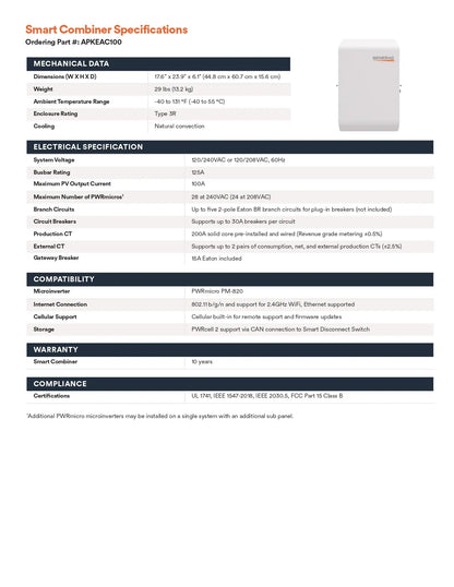 A technical specification sheet for the Smart Combiner APex20/50, showing a white and gray device on the right, with detailed specifications tables on the left.