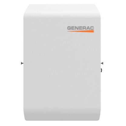 A white Generac wall-mounted electrical enclosure or battery module with the Generac logo printed in gray and orange on the upper right side, set against a plain white background.