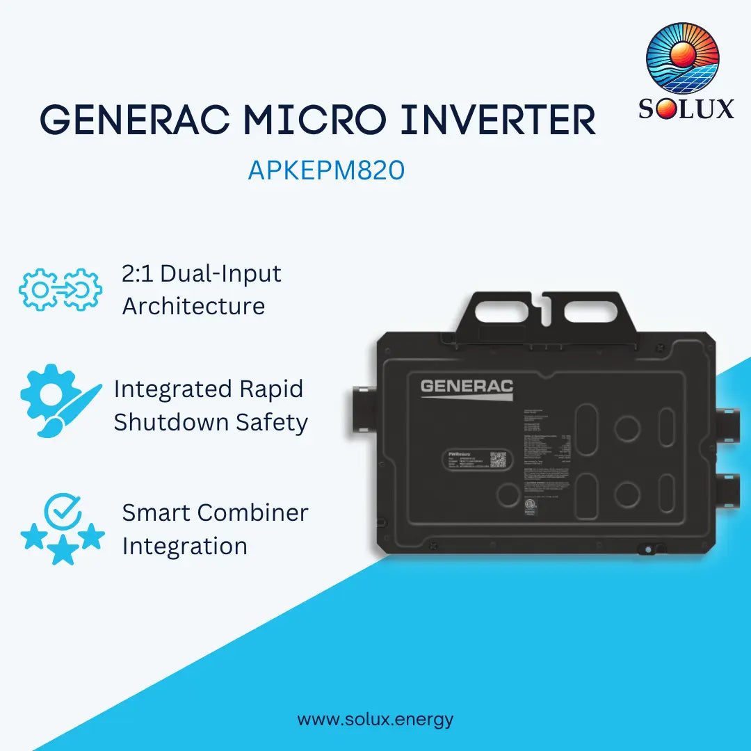 Generac Micro Inverter APKEPM820 shown on a light blue and white promotional graphic with Solux branding, feature callouts, and a product cutout of the black rectangular inverter unit.