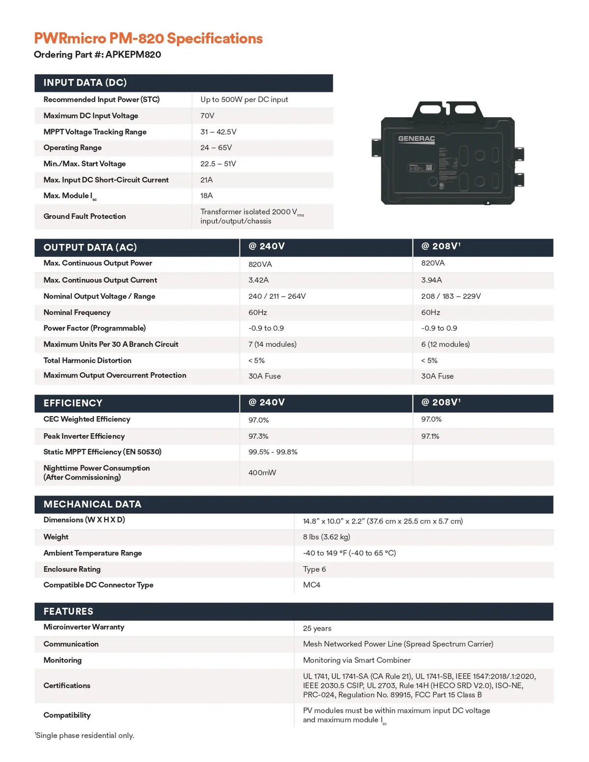 A technical specification sheet for the PWRmicro PM-820 Outlining Rack PM8200 power supply, featuring a black product photo on the top right and detailed tables for input/output data, efficiency, dimensions, and features on the left.