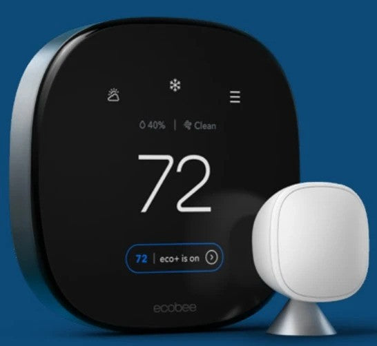 Ecobee smart thermostat shown in a clean studio-style render on a blue background, with a white wireless sensor or receiver device in front.