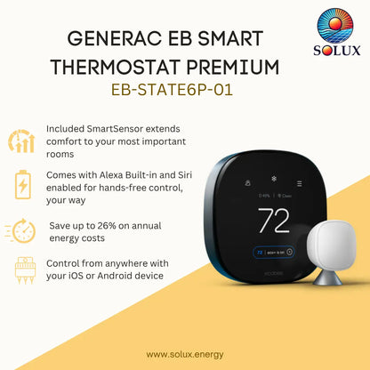 Solux Generac EB Smart Thermostat Premium EB-State6p-01 promotional graphic showing the round black thermostat and a small white SmartSensor on a cream and yellow background with feature callouts and the Solux logo.