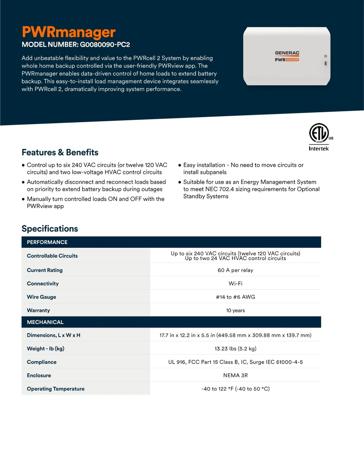 A technical product brochure page for the PWRmanager Model Number 080D090-PC2 battery management system. The page features a product photo of the white and black rectangular device in the top right, accompanied by feature and benefits text, and a specifications table at the bottom left.