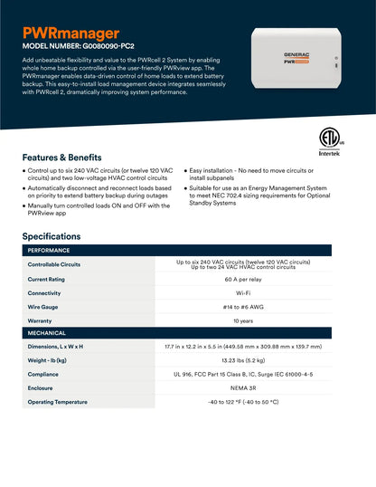 A technical product brochure page for the PWRmanager Model Number 080D090-PC2 battery management system. The page features a product photo of the white and black rectangular device in the top right, accompanied by feature and benefits text, and a specifications table at the bottom left.