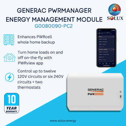 Generac PWRmanager Energy Management Module G0080090-PC2 by Solux, shown as a white rectangular electronic module with a smartphone app screen and marketing text on a blue and white background.