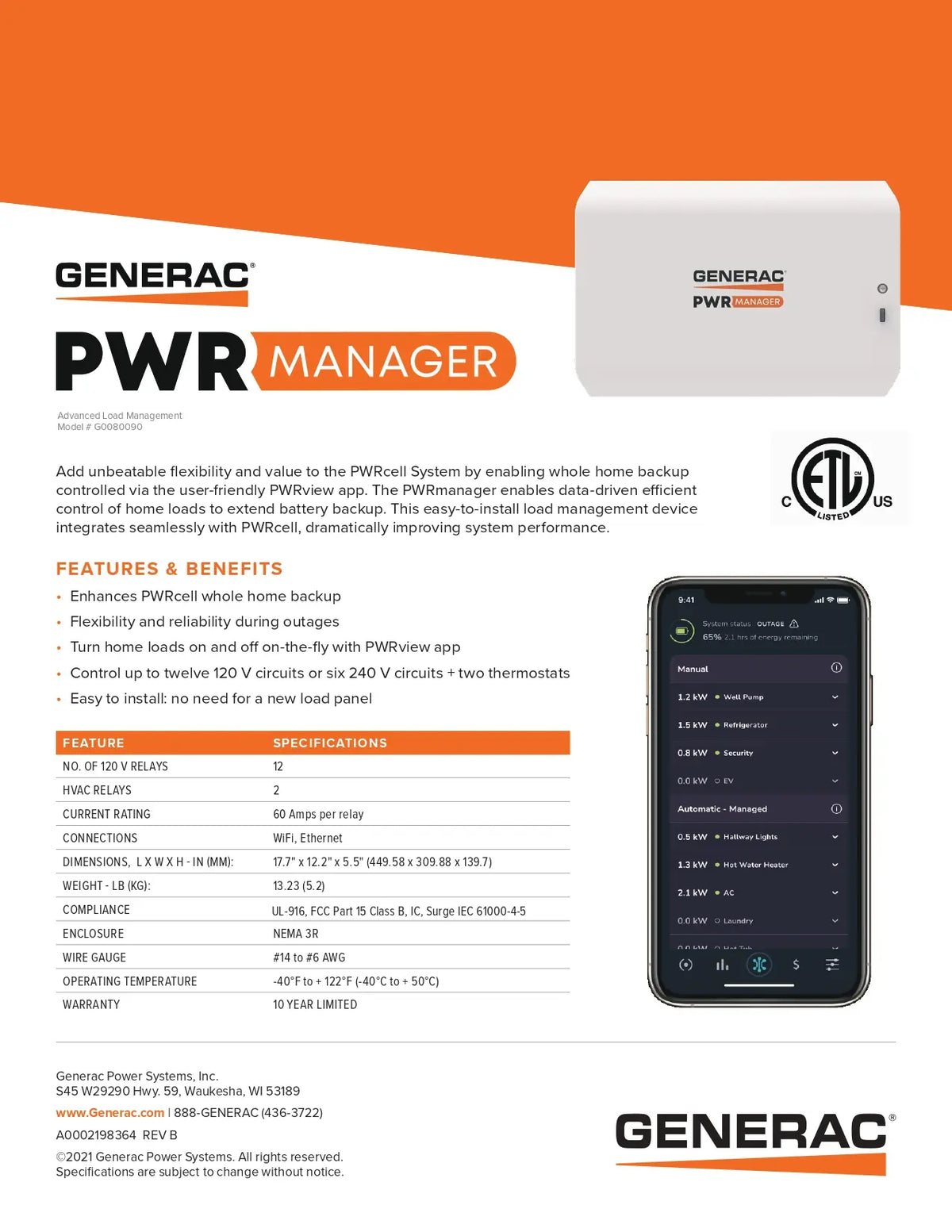 Generac PWR Manager home backup system product page featuring a white rectangular device, a black-and-orange promotional layout, a smartphone app screen preview, and text specs. Visible brands include Generac and PWR Manager.