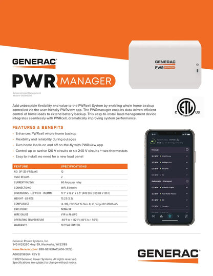 Generac PWR Manager home backup system product page featuring a white rectangular device, a black-and-orange promotional layout, a smartphone app screen preview, and text specs. Visible brands include Generac and PWR Manager.