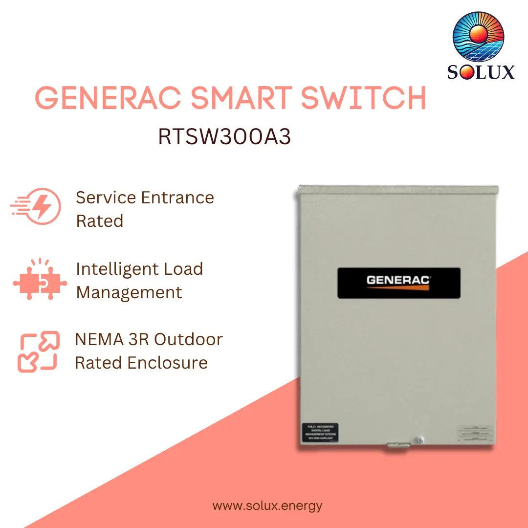 Generac Smart Switch RTSW300A3 by Solux, a beige outdoor-rated smart power switch with a black and white Generac logo, shown on a coral and white graphic background with product features listed on the left.