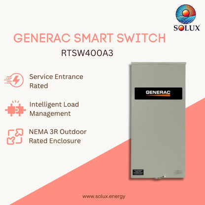 A Generac smart switch enclosure model RTSW400A3 shown on a clean promotional graphic. The product is a tall, rectangular gray metal cabinet with a black and orange Generac logo label on the front.