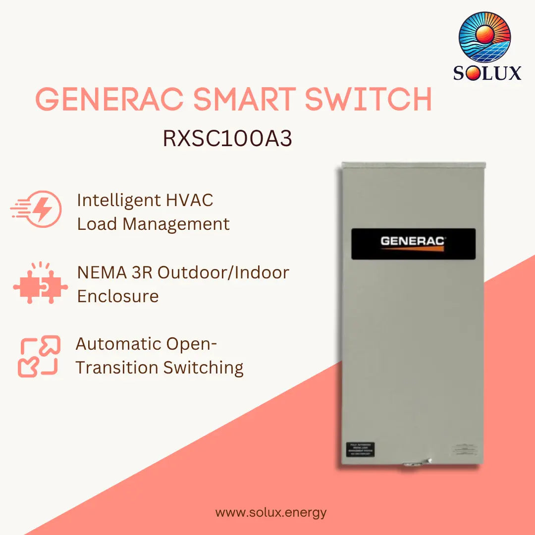 A Generac smart switch enclosure, model RXSC100A3, shown on a clean graphic background with feature callouts and the Solux brand logo. The enclosure is a light gray metal box with a black and orange Generac label.