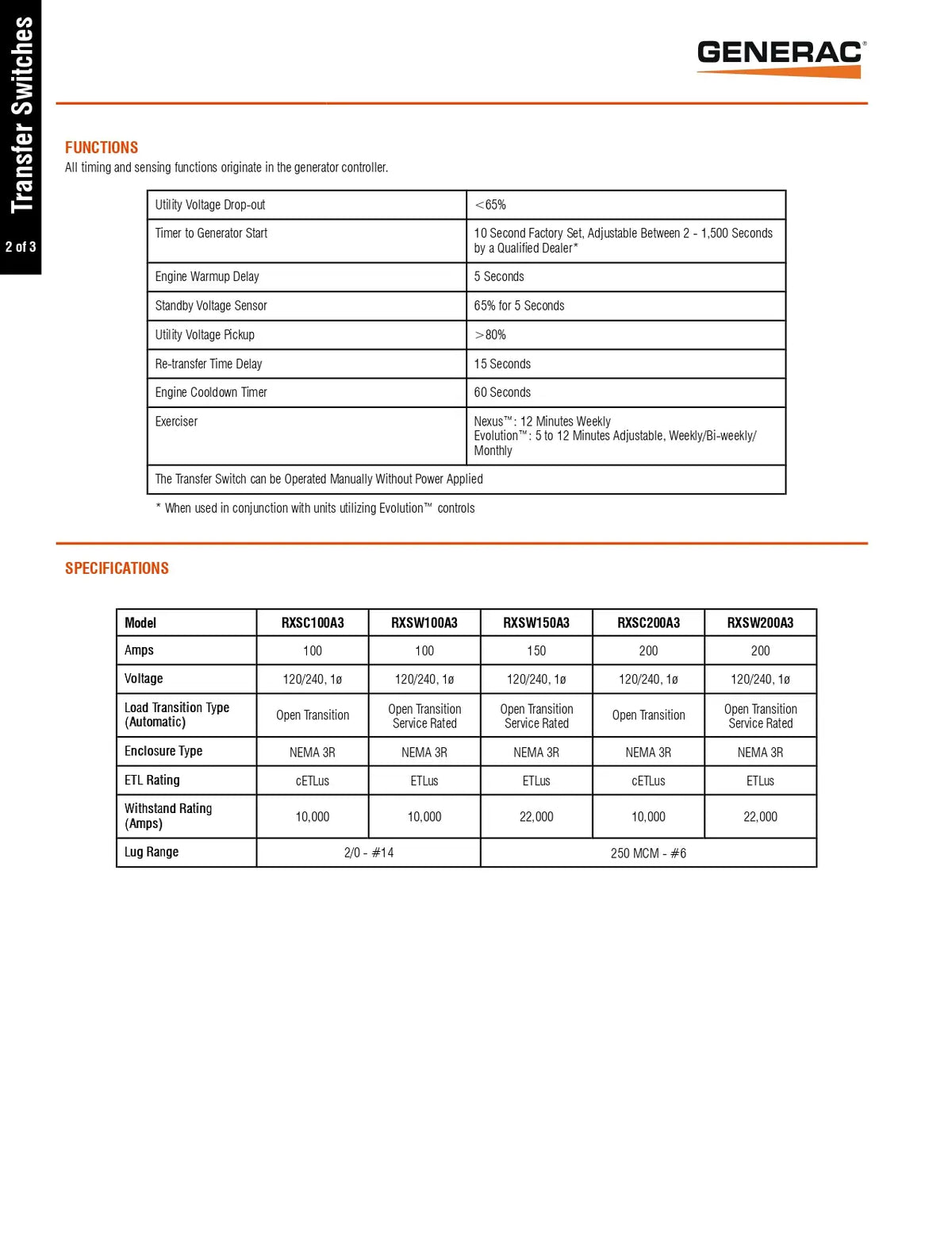A technical datasheet page for Generac transfer switches, showing the 'Functions' and 'Specifications' sections with a table of model numbers and ratings on a white background.
