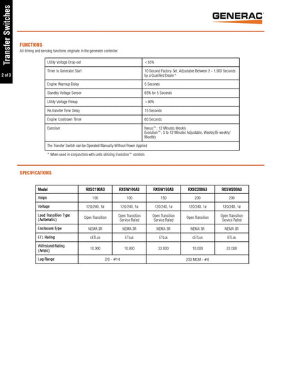 A technical datasheet page for Generac transfer switches, showing the 'Functions' and 'Specifications' sections with a table of model numbers and ratings on a white background.