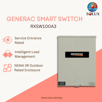 Generac Smart Switch RXSW100A3 by Solux, a gray outdoor smart generator switch with a black and white Generac logo, shown on a white and coral background with product features listed on the left.