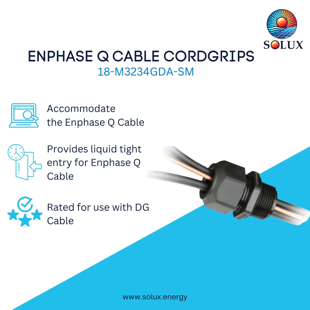 A promotional graphic for a Solux Enphase Q cable cord grip, showing a close-up of the black plastic and metal cable connector on a white and blue background with feature callouts and the Solux logo.