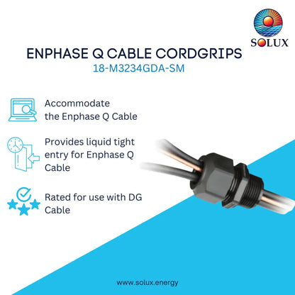 A promotional graphic for a Solux Enphase Q cable cord grip, showing a close-up of the black plastic and metal cable connector on a white and blue background with feature callouts and the Solux logo.