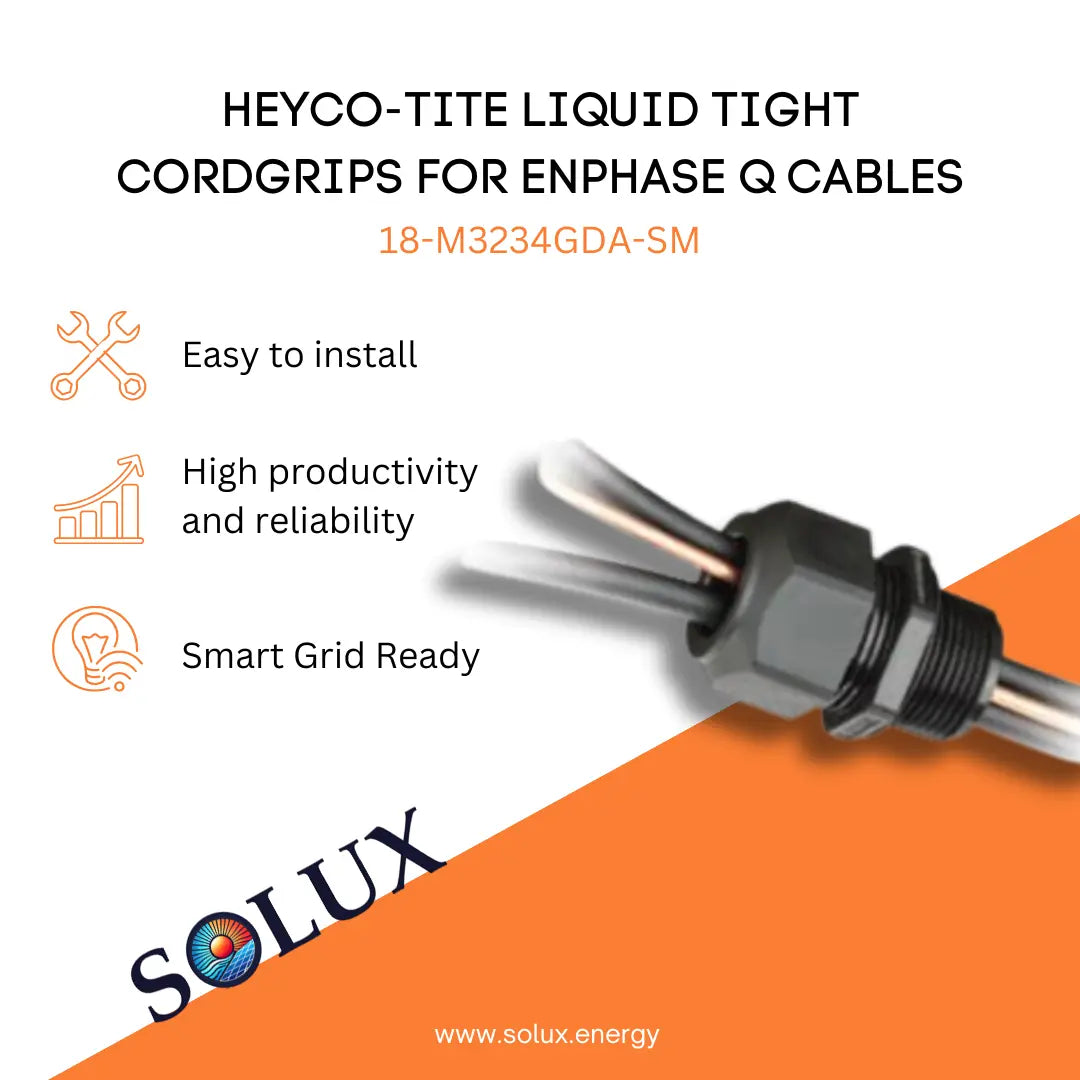 Heyco Liquid Tight Cord Grips 18-M3234GDA-SM graphic: Easy install, high reliability, and Smart Grid Ready.