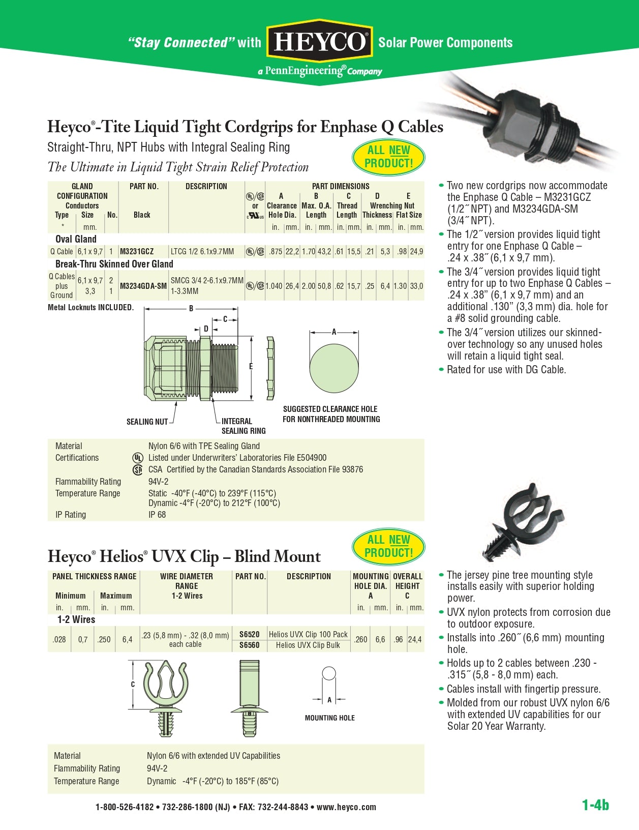 Heyco datasheet for 18-M3234GDA-SM heyco strain relief cordgrips and Helios UVX clips for Enphase Q Cables.