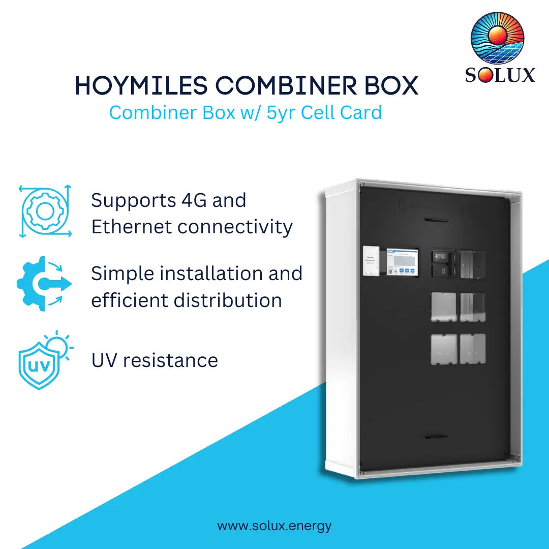 HOYMILES COMBINER BOX by Solux, a black and silver electrical combiner box with a digital display screen, shown on a white and blue graphic background with feature icons.