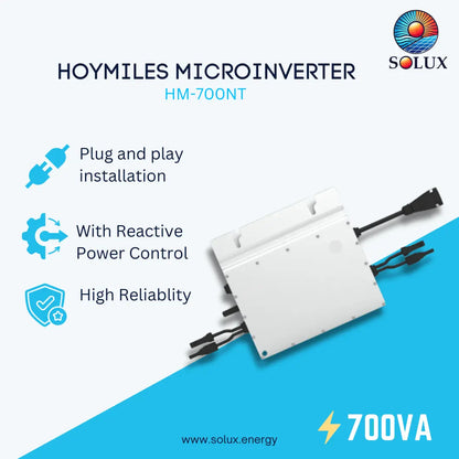 HOYMILES Microinverter HM-700NT by Solux, a 700VA white rectangular electronic device with attached black cables, shown on a light blue and white promotional graphic with feature callouts.
