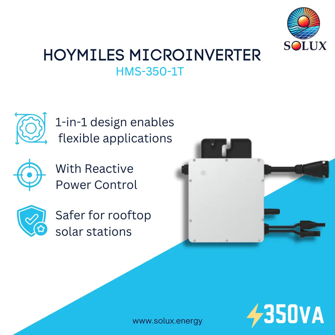 HOYMILES Microinverter HMS-350-1T by Solux, a white rectangular inverter unit with black connection terminals, shown on a white and blue promotional graphic with feature callouts.