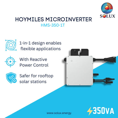 HOYMILES Microinverter HMS-350-1T by Solux, a white rectangular inverter unit with black connection terminals, shown on a white and blue promotional graphic with feature callouts.