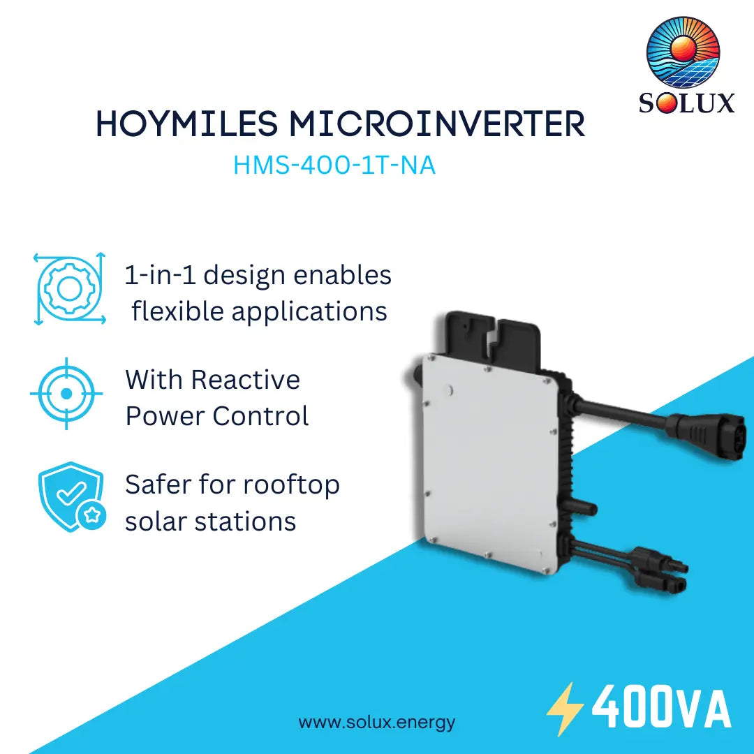 HOYMILES Microinverter HMS-400-1T-NA by Solux, featuring a white rectangular inverter unit with black connection cables, presented on a white and blue graphic background with product features listed on the left.