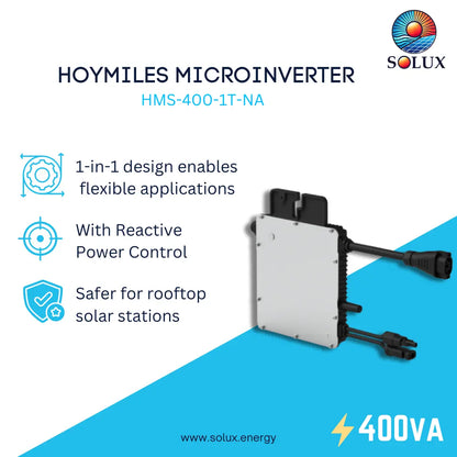 HOYMILES Microinverter HMS-400-1T-NA by Solux, featuring a white rectangular inverter unit with black connection cables, presented on a white and blue graphic background with product features listed on the left.