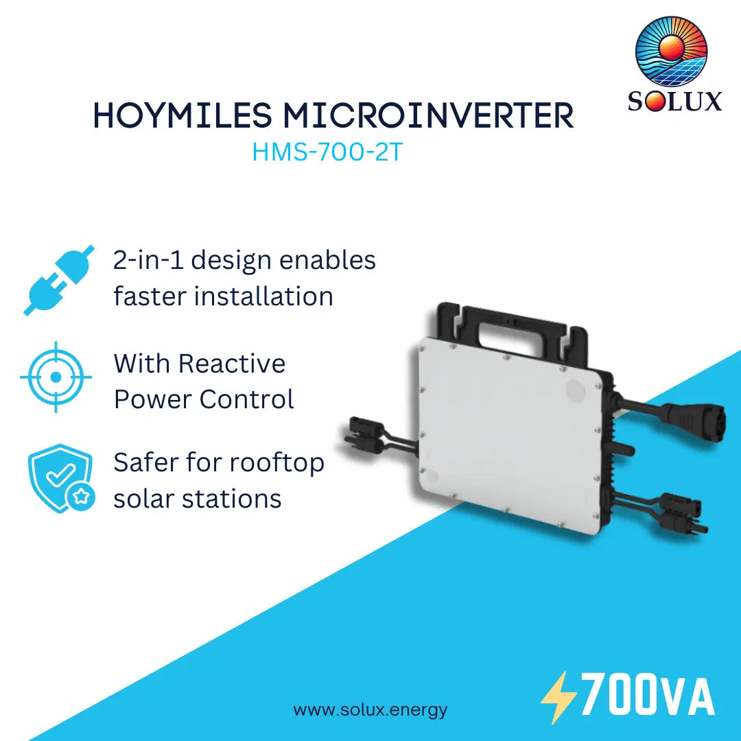 HOYMILES Microinverter HMS-700-2T by Solux, a 700VA 2-in-1 solar microinverter with a white rectangular body, black handles, and connection terminals, shown on a white and blue graphic background with product features listed on the left.
