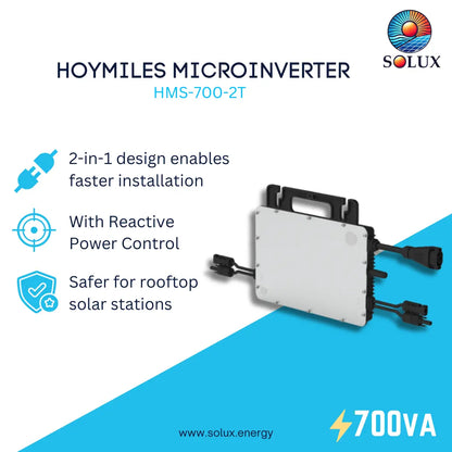 HOYMILES Microinverter HMS-700-2T by Solux, a 700VA 2-in-1 solar microinverter with a white rectangular body, black handles, and connection terminals, shown on a white and blue graphic background with product features listed on the left.