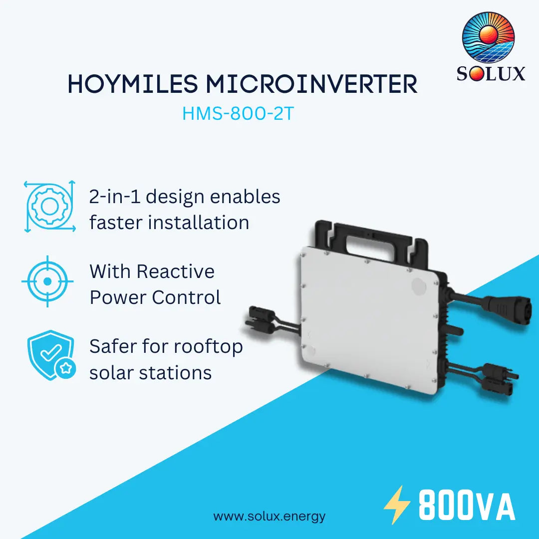 HOYMILES Microinverter HMS-800-2T by Solux, featuring a white rectangular inverter unit with black handles and connectors, set against a light blue and white background with product specifications and features listed on the left.