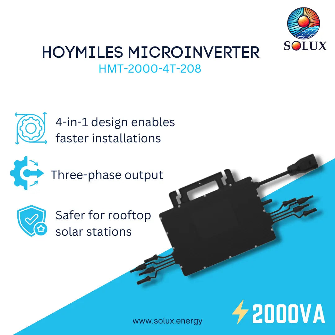 HOYMILES Microinverter HMT-2000-4T-208 by Solux, a 2000VA three-phase output inverter shown on a white and blue promotional graphic with feature icons and text.